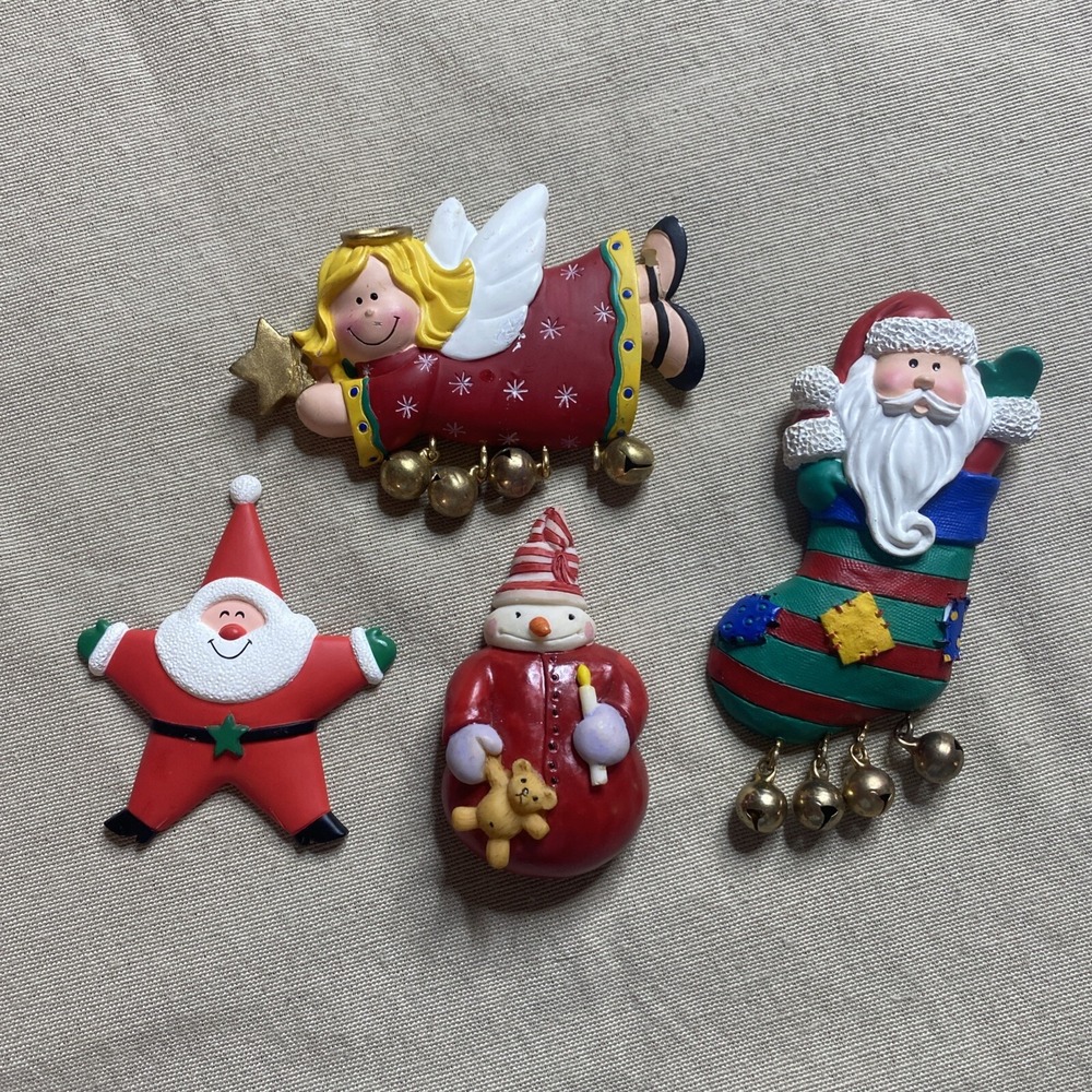 Vintage 1980s Christmas Magnets Jingle Bells Russ Berries Santa Angel Set 4pc